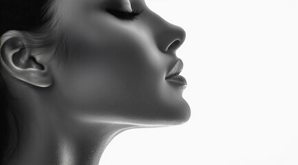 Minimalist black and white profile of a woman with striking features and bold contrast.  
