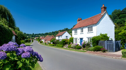 Idyllic English village street, summer sunshine, houses, greenery, peaceful countryside scene; ideal for travel brochures