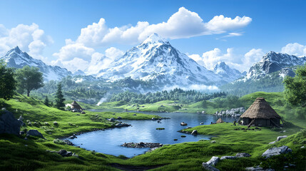 Fototapeta premium Idyllic mountain lake village scene; thatched huts, snow-capped peak background; perfect for travel brochures