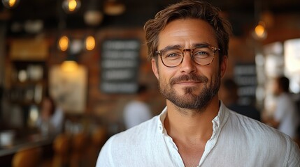 Obraz premium Portrait of a man with glasses and a beard in a cafe or restaurant setting with blurred background