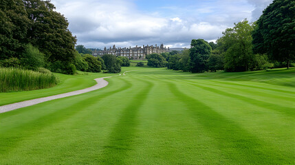 Landscaped golf course with manor house background, summer day