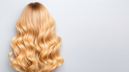Fototapeta premium Long blonde wavy hair on gray background, beauty salon advertisement