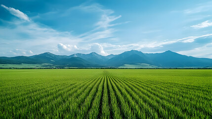 Lush green field, mountain backdrop, sunny day, agricultural landscape, ideal for travel brochures