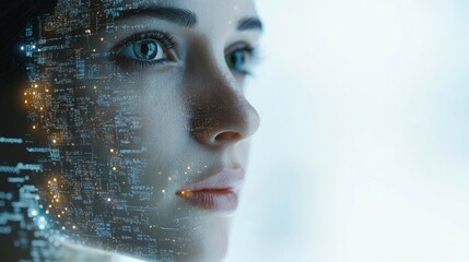 Portrait of a Woman with Digital Data Overlay and Futuristic Elements