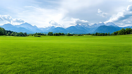 Fototapeta premium Lush green meadow, majestic mountains backdrop, sunny day, idyllic landscape; perfect for travel brochures