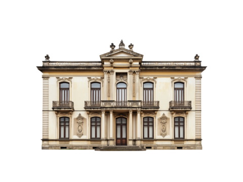 A grand, historical building featuring ornate architectural details, balconies, and decorative elements.
