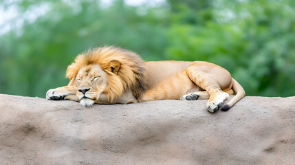 Naklejka premium Majestic male lion resting on rock, leafy green background, wildlife park habitat
