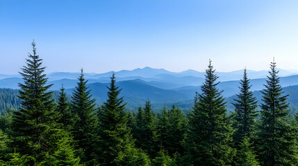 Fototapeta premium Majestic mountain range view from a pine forest, hazy summer day, scenic landscape, perfect for travel brochures