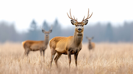 Majestic red deer stag in autumn field, two does in background, wildlife nature scene, perfect for wildlife or nature publications