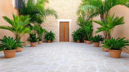 Fototapeta premium Mediterranean courtyard, potted plants, stone patio, tranquil scene, ideal for travel brochure