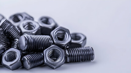 Metal bolts and nuts closeup on white background; industrial hardware; engineering; manufacturing