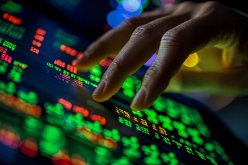 Fototapeta premium Stock market chart. Businessman hand using tablet and stock market.