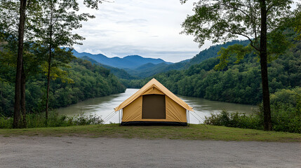 Mountain river campsite tent scenic view summer vacation