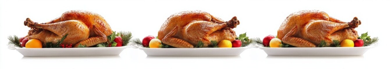 Roasted turkeys, garnished, white background, holiday meal