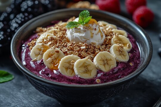 Acai bowl with banana, granola, and honey.  Healthy breakfast