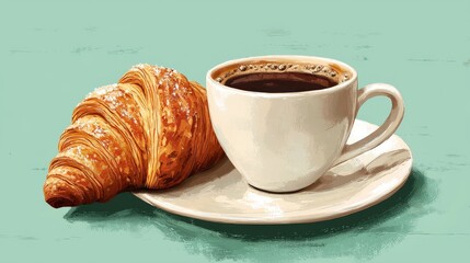 A fun illustration of a cup of coffee with a flaky croissant, creating the ultimate cozy, happy moment for your feed.