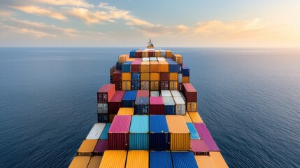 Vibrant and Colorful Cargo Ship Sailing Across the Tranquil Ocean Horizon with a Scenic Sky and Clouds Backdrop Representing Global Transportation and Logistics