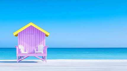 Pink beach house with chairs, ocean view, sunny day; perfect for travel brochures