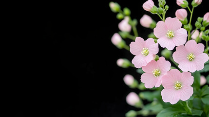 Obraz premium Pink flowers against black background, copy space, garden, nature, floral design