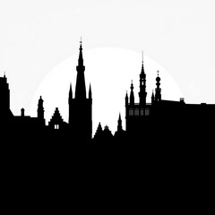 Silhouetted cityscape reflected in water at sunset skyline silhouette 