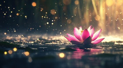 Pink lotus flower in rain, magical light.
