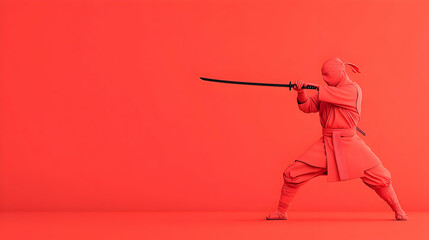 Red ninja warrior sword fighting, minimalist studio backdrop, action concept, website banner