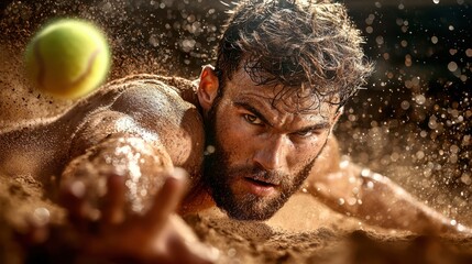 Talented tennis player diving to swiftly return a ball during an intense match creating a dramatic dust splash effect as the player makes contact with the court surface