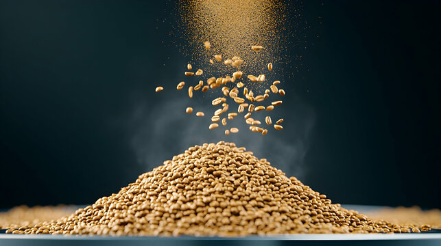 Roasted coffee beans falling onto a pile, steam rising, dark background; for food packaging
