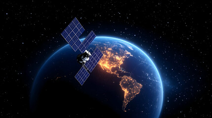 Satellite orbiting Earth at night, city lights visible, space exploration, communications technology