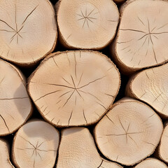 Naklejka premium Stacked wood logs, outdoor sunlight. Texture background