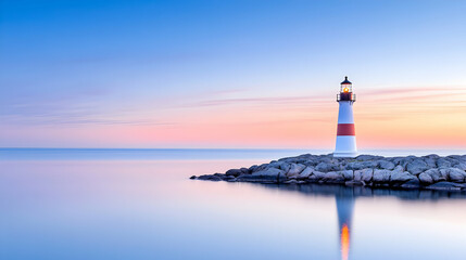 Fototapeta premium Serene coastal lighthouse sunset; calm sea, rocky shore; navigation, hope concept