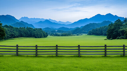Serene green pasture, mountains backdrop, idyllic rural landscape, perfect for travel brochures