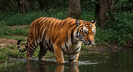 Obraz premium Tiger wading through forest water, ideal for wildlife, nature, or animalthemed designs featuring a majestic big cat in the wild.