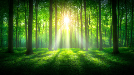 Fototapeta premium Sunbeams in lush green forest (1)