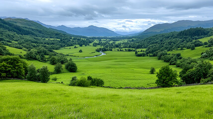 Obraz premium Serene valley landscape, river flowing, green meadows, mountainous backdrop; perfect for travel brochures