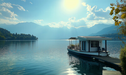 A Luxurious Houseboat Anchored at a Scenic Dock, Offering a Serene Waterfront Retreat