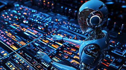 AI assistant managing personalized entertainment preferences, intricate holographic music and video controls