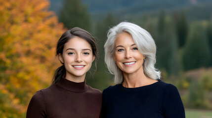 Naklejka premium Smiling mother and daughter portrait, autumn mountain backdrop, family bond