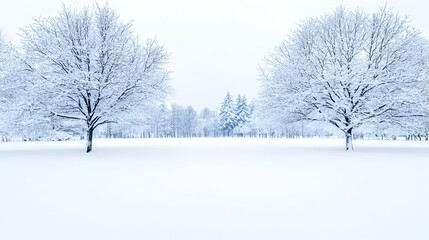 Snow-covered trees in winter park, peaceful landscape. Ideal for winter holiday cards