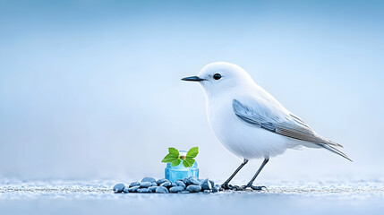 Obraz premium Snowy bird near tiny plant, ice, and stones; serene arctic landscape; environmental conservation concept