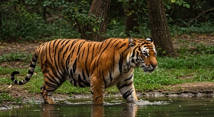 Obraz premium Tiger navigating shallow forest waters, perfect for wildlife enthusiasts, nature publications, educational materials, junglethemed designs, and environmental awareness campaigns.