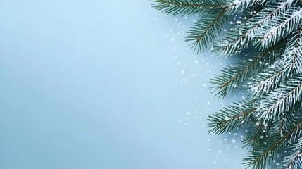 Obraz premium Snowy fir branch border on blue background; winter holiday design