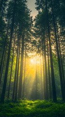 Naklejka premium Sunbeams through misty forest trees