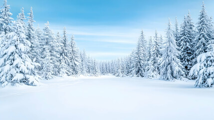 Snowy forest path, winter wonderland landscape, serene nature scene, ideal for winter holiday cards
