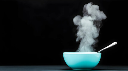 Steaming hot soup in teal bowl on dark background; perfect for food blogs or recipe websites