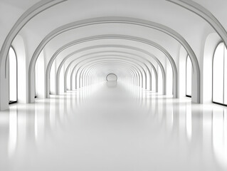 Fototapeta premium White arched hallway, perspective, light. Architecture design