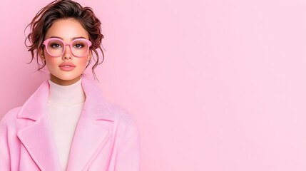 Stylish woman in pink coat and glasses, posing against a pink background.  Perfect for fashion or beauty advertising