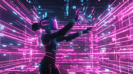 Futuristic virtual assistant managing virtual reality workspaces, glowing holographic data projections