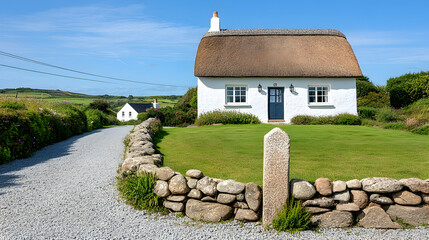 Thatched cottage, coastal drive, green lawn, sunny day, idyllic rural scene, perfect for travel brochures