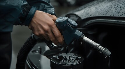 Obraz premium Captivating close up view of fuel drops leaking and dripping from a nozzle magnified to reveal the intricate details and intense reflections on the liquid s surface The image showcases the dynamic